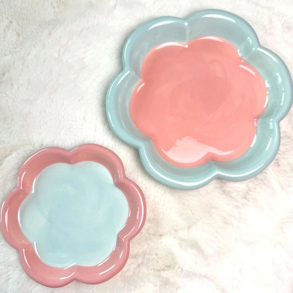 New Large Pink Blue Flower Ceramic Trinket Dish Scalloped Jewelry Tray